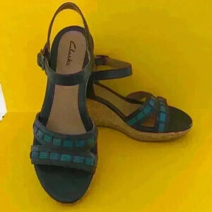 Clarks Cork Wedge Strappy Blue Sandals size 8 1/2